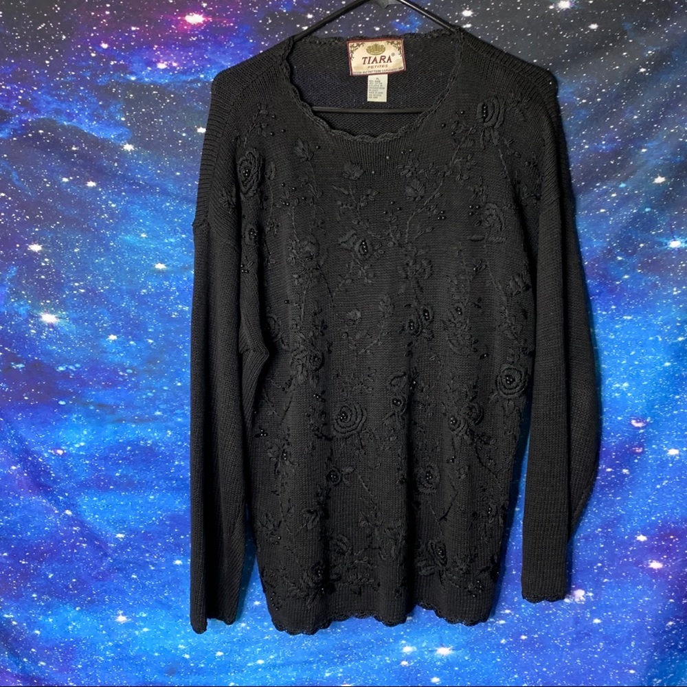 Tiara- Black Beaded Floral Long Sleeve Top size PL